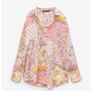 Zara Pink Mixed Paisley Print Satin Flowy Blouse Button Down Size Small